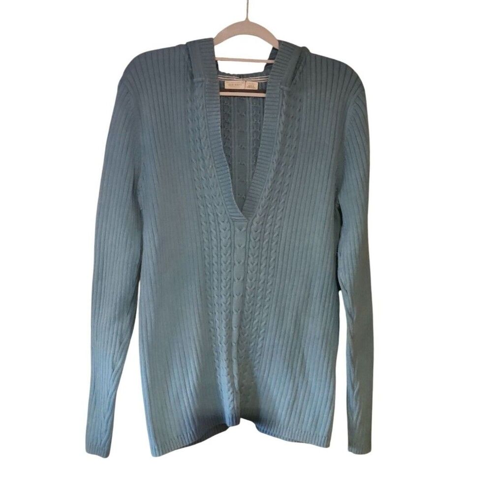 Old Navy Women’s XL Vintage Blue Cable Knit Hoodie V-Neck Sweater – Made in Hong